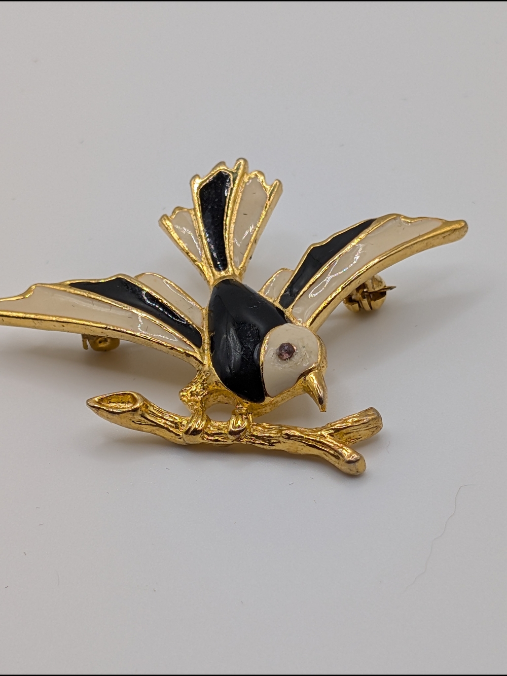Vintage Gold-tone Black and Ivory Enamel Bird Brooch